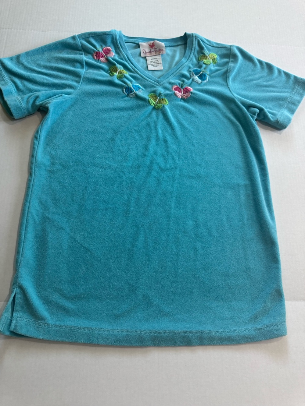 Quacker Factory Butterfly Embroidered Terry Cloth V-Neck Top Aqua Blue XS